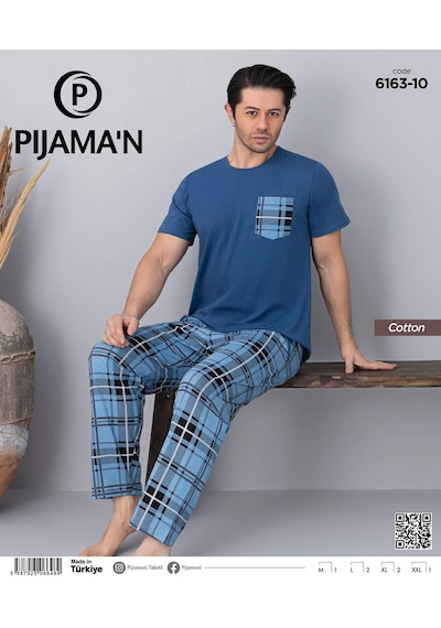 Pijamoni Erkek Bisiklet Yaka Kısa Kol İnce Pijama Takımı 6163/10 - 1 Adet Mavi