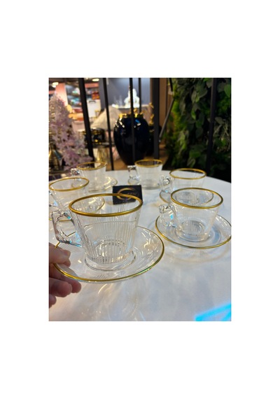 Ars Paşabahçe Gold Yaldızlı Tasarım Kahve Fincanı, 6 Kişilik 12 Parça Kulplu Cam Çay Fincan Takımı