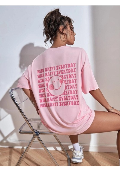 Flood Of Style Kadın Pembe Wish Happy Everyday Baskılı Oversize T-shirt