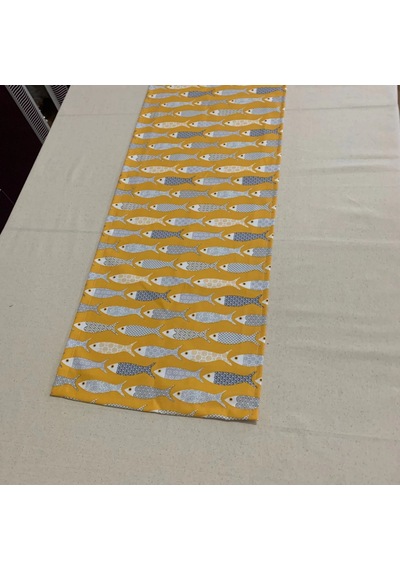 Alaçatı Balık Desenli Runner, Duck Kumaş Runner, Su Ve Leke İtici Dayanıklı, Modern Tasarım 40x145 Sarı