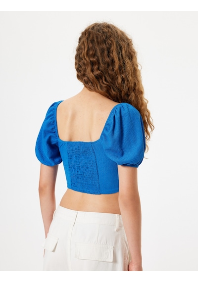 Koton Crop Tişört Balon Kol Korse Görünümlü Bürümcük V Yaka Slim Fit Mavi 4sal11118ık Mavi