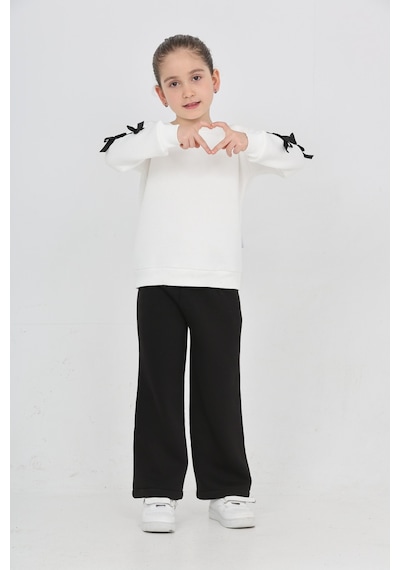Erdem Kıds Kız Çocuk 3 İplik Şardonlu Kurdele Detaylı Basic Sweatshirt-bol Kesim Palazzo Eşofman Takım Ekru-siyah Ekru-siyah