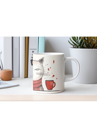 Kedi Figürlü Kupa Bardak - Sevimli Hayvan Severlere Hediye Fikir - 11 Oz Beyaz
