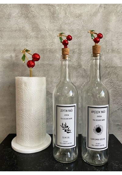 Şeffaf 750 Ml Cam Kiraz Mantar Tıpalı Etiketli Yağdanlık Mermer K