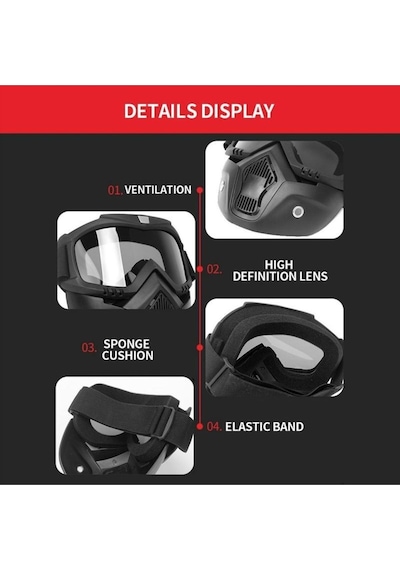 Ebakbak Cross Motosiklet Bisiklet Gözlüğü Açık Kask Maskesi Süngerli Bant Lastikli Jet Maske Ayna Cam Siyah