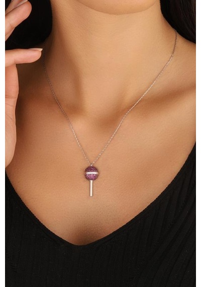 Pembe Taşlı Lolipop Şeker Gümüş Kolyesi Rose Gold