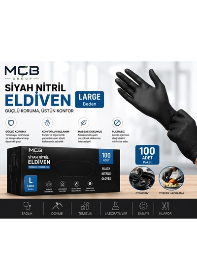Mçb Group Pudrasız Nitril Eldiven Large Siyah 100'lü