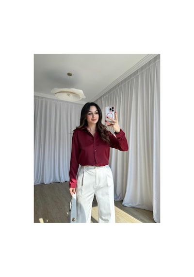 Rabia Çelik Kadın Bordo Düğmeli Saten Gömlek Bordo Bordo