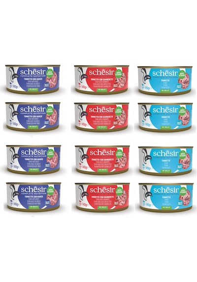 Schesir 3 Çeşit Karma Tam Ve Dengeli Kedi Konserve Jöleli 140 Gr. X 12 Adet