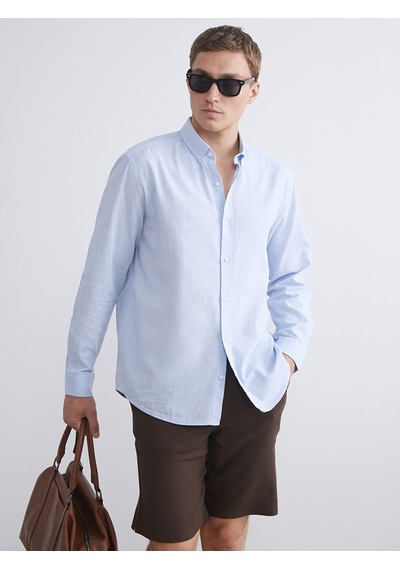 Lcw Vision Mavi Regular Fit Uzun Kollu Keten Karışımlı Erkek Gömlek