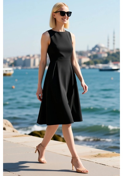 Benerly Kadın Kolsuz Bisiklet Yaka Belden Açılan Pileli Midi Dokuma Elbis Siyah