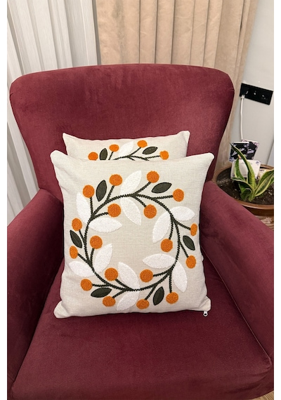 Punch İşlemeli Modern Tasarım Dekoratif 2'li Kırlent Kılıfı Nakışlı Keten 43x43 Cm Turuncu-yeşil-beyaz