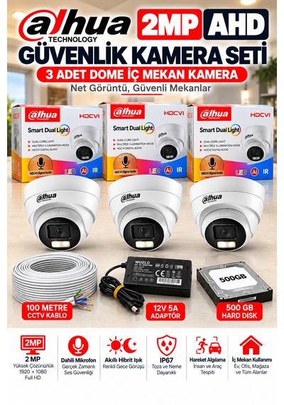 3'lü 2mp Ahd Full Color Renkli Gece Görüş Dome Kamera Seti
