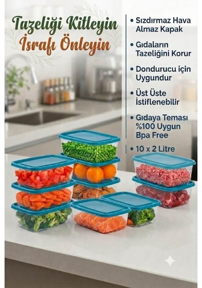 Piev 10 Parça Sızdırmaz Hava Almaz Gıdaya Uygun Bpa İçermez Dondurucu Buzdolabı Saklama Kabı Şeffaf