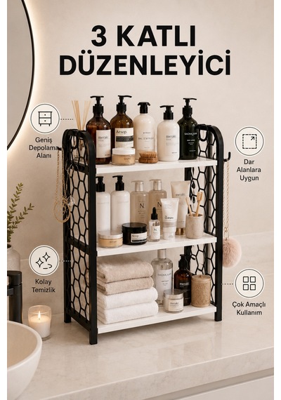 Pratika 3 Katlı Çok Amaçlı Plastik Düzenleyici Raf Mutfak Ve Banyo Organizeri, Yan Askı Kancalı, Beyaz-siyah Beyaz