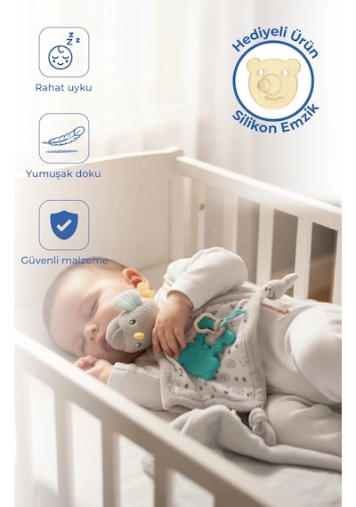 Babyjem 926 Birdy Diş Kaşıyıcılı + Silikon Emzik Uyku Arkadaşım Kahverengi - Mavi