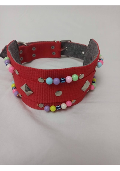 Kozaklı Süslü Boncuklu El İşlemeli Köpek Tasması Kırmızı 70 x 4 CM Kırmızı