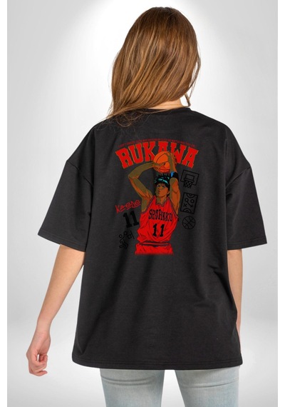 Rukawa Kaede Anime Basketbol Karakteri Pamuklu Unisex Oversize Sırt Dijital Baskılı Siyah T-shirt Siyah