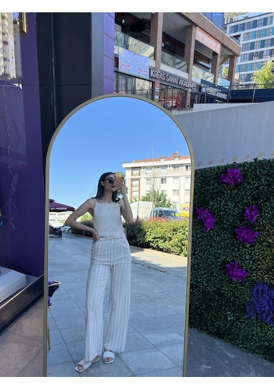 Bol Paça Çizgili Keten Palazzo Pantolon - Beyaz Renk-104 Beyaz