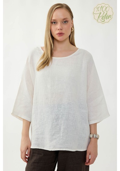 Vitrin %100 Keten Geniş Yaka Oversize Kısa Kol Bluz Krem