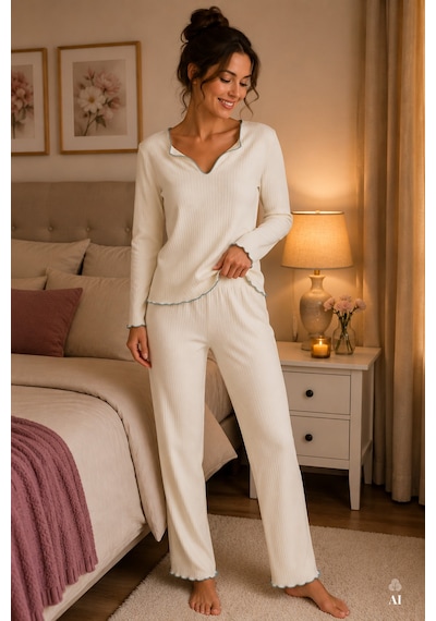 Koza İç Giyim Kadın Soft Touch Fitilli Kalp Detaylı Uzun Kollu Pijama Takımı Kk70640 Mavi