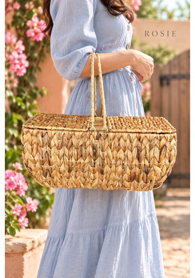 Rosıe 2 Kapaklı Hasır Piknik Sepeti 45 Cm Karışık
