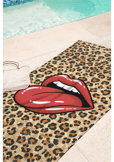 Leopar Dudak Figürlü Plaj Havlusu - Pop Art Modern Kırmızı Bej Havuz Deniz Hızlı Kuruyan Plaj Örtüsü Çok Renkli