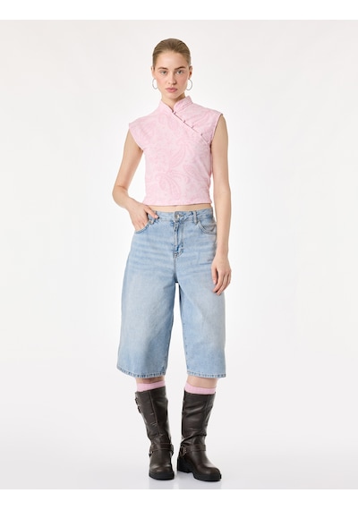Koton Slim Fit Kolsuz Düğmeli Qipao Yaka Tül Bluz Pembe 7wal60017ık Gül