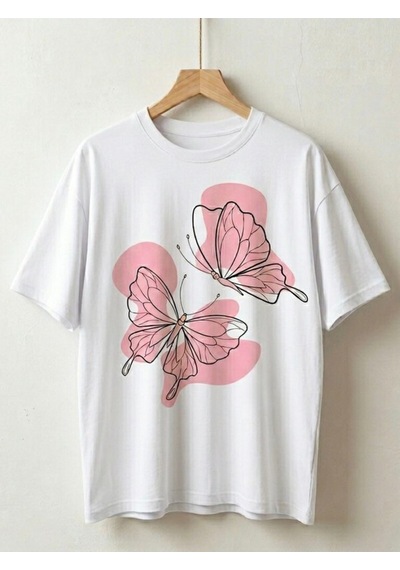 Line Art Kelebek Baskılı Oversize T-shirt Beyaz