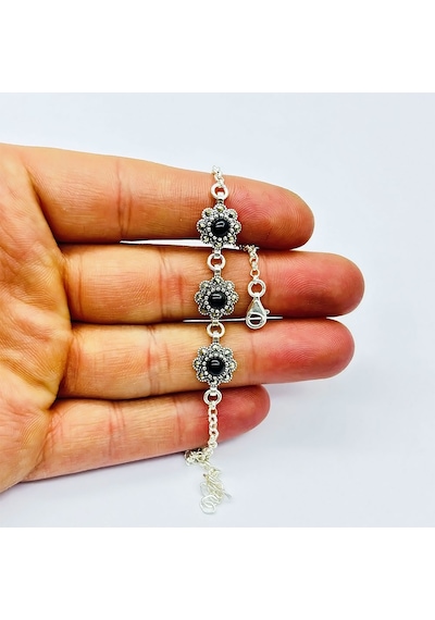 Oltu Taşı Ve Gül Markazit Model 925 Ayar Gümüş Bileklik Gümüş  - Siyah