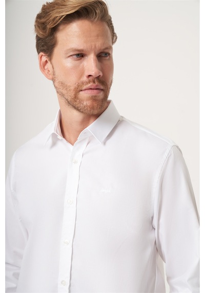 İmza Beyaz Sert Yaka Uzun Kol Cepsiz Slim Fit %100 Pamuk Gömlek 1004260211