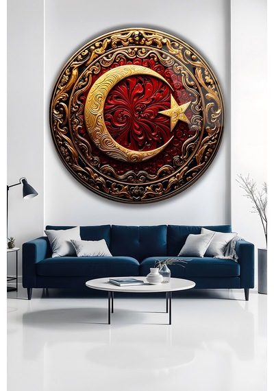 Ay Yıldız Gold Kırmızı Yuvarlak Temperli Dekoratif Cam Tablo Türk Bayrağı Temalı Lüks Duvar Dekoru Türk Bayrağı Temalı Dekoratif Duvar Tablosu, Ev, Ofis Ve Özel Gün Dekoru, 60x60 Cm