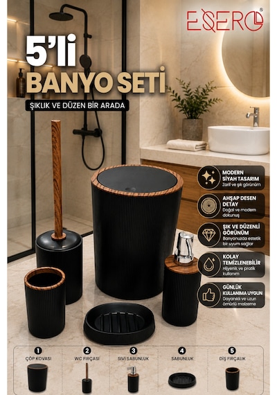 351 Siyah Lüks 5'li Banyo Seti Siyah Ahşap Desenli Çöp Kovası Wc Fırçası Sabunluk Diş Fırçalık Sıvı Sabunluk Modern Banyo Aksesuar Takımı