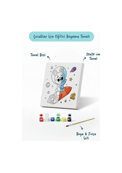 Uzay Tavşanı Boyama Tuvali Şövalesiz Boya Seti 20x20