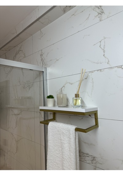 lyla concept Fulya Banyo Ahşap Raflı Gold Metal Havlu, Şal Askılık Beyaz Raf Gold