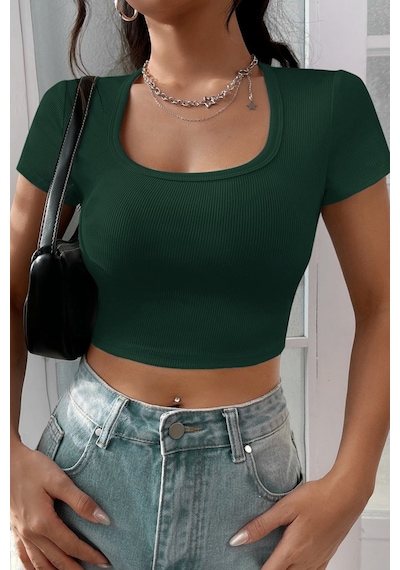 Beru Kadın Yeşil Yarım Kol Düz Yaka Crop Top Bluz L - XL