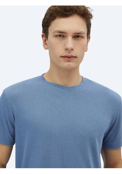 Kip Havacı Mavi Düz Bisiklet Yaka Pamuk Karışımlı T-shirt Havacı Mavi