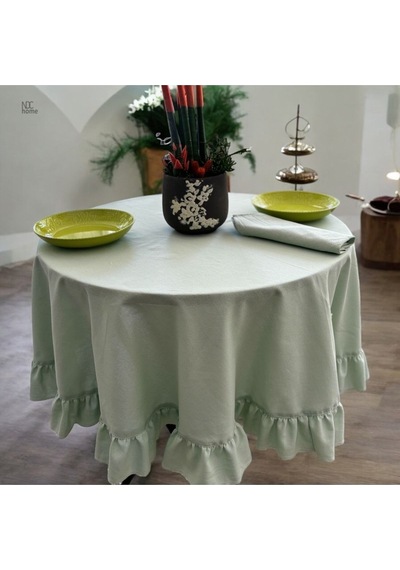 Dnc Home Tekstil  Premium Keten Adaçayı Yeşil Fırfırlı Yuvarlak Masa Örtüsü 001