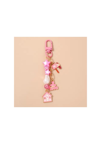 Pembe Kalpli Ve Boncuklu Çanta Charmı & Anahtarlık Sevimli Aksesuar Altın