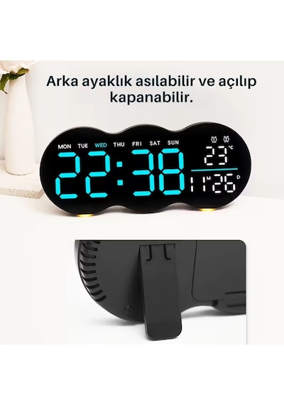 Etashop Uzaktan Kumandalı Bulut Led Duvar Saati Ortam Işıklı Büyük Dijital Ekran Çift Alarm Sıcaklık Siyah