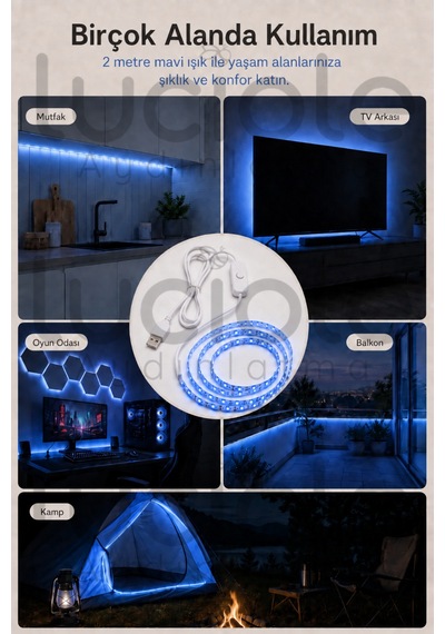 2 Metre 5v Usb Mavi Şerit Led Anahtarlı Gaming Masa Tv Arkası Powerbank Dekoratif Aydınlatma