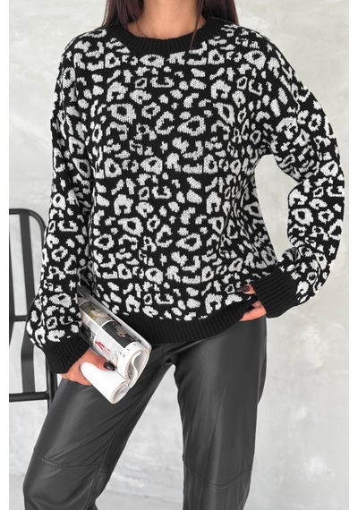 Femelle Kadın Siyah Standart Beden Leopar Desen Oversize Triko Kazak - 099