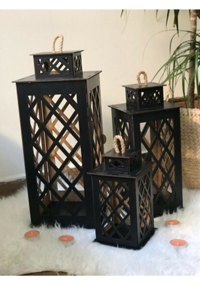 Ahşap Fener Mumluk 3 Lü Set Siyah 88286673