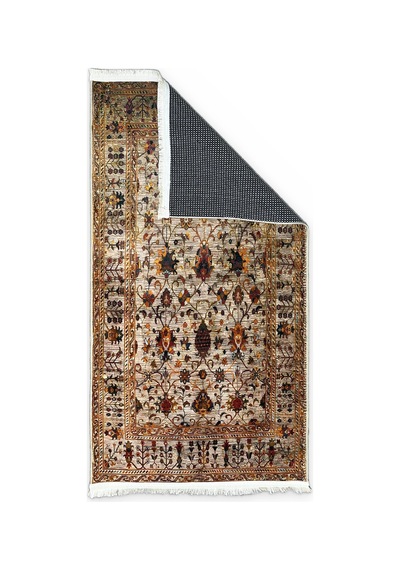 Bej Vintage Halı Etnik Desen Saçaklı Bambu Kumaş Salon Halısı