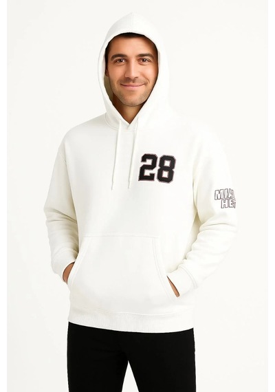 Tarzyeri Erkek Kapşonlu Sweatshirt Üç İplik Şardonlu Oversize Fit Ön Arka Beyaz
