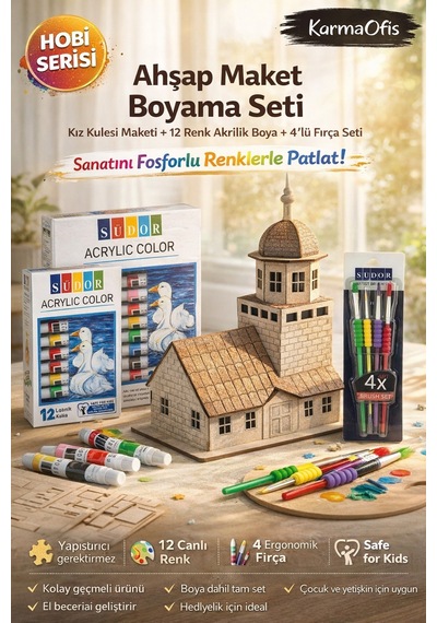 Ahşap Maket Boyama Seti Kız Kulesi 12 Renk Akrilik Boya + 4 Lü Fırça Seti Hobi Ve Eğitim Seti