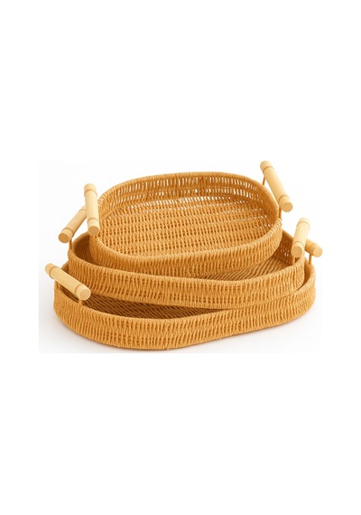 Natura - 3'lü Oval Rattan Hasır Servis Ve Sunum Tepsisi Seti Ahşap Saplı Dekoratif Tepsi Bej