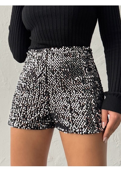 Verymoda Pullu Kadife Şort F2057 Siyah Gümüş