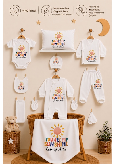 Pia Baby Kız Bebek Hastane Çıkışı 11'li Yenidoğan Set %100 Pamuk İsme Özel Organik Baskılı 2061113x Ekru