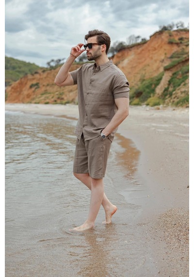 Madmext Vizon Keten Görünümlü Relax Fit Erkek Gömlek Şort Takım E7364